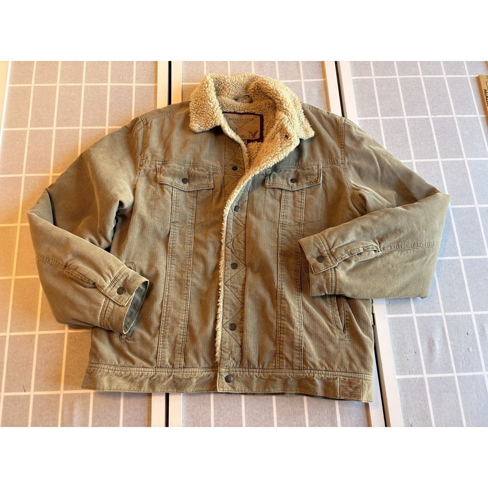 American Eagle Men's XL Brown Corduroy Sherpa Lined Trucker Jacket VTG Button Up